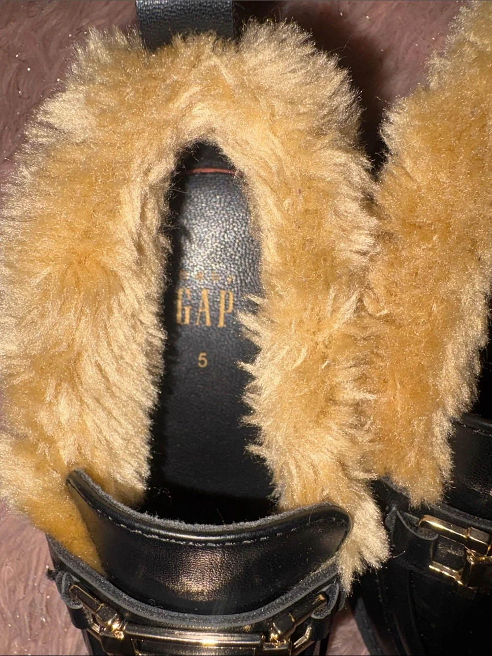 GAP Black Loafers with Yellow Faux Fur Trim and Gold Hardware